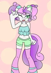 Size: 1186x1678 | Tagged: safe, artist:absolitian, artist:radioslug, artist:seliphra, derpibooru import, sweetie belle, anthro, belly button, clothes, furry, midriff, pigtails, shorts, solo, tanktop, vector