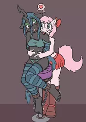 Size: 586x830 | Tagged: suggestive, artist:caroo, derpibooru import, queen chrysalis, oc, oc:fluffle puff, anthro, plantigrade anthro, barefoot, belly button, blushing, bondage, bondage cuffs, bondage gear, boots, box tied, bra, breasts, canon x oc, chrysipuff, clothes, cuffs, evening gloves, feet, female, frilly underwear, green underwear, heart, heart print underwear, lesbian, licking, navel fingering, navel play, neck licking, panties, shipping, skirt, stockings, stool, teasing, tickling, underwear