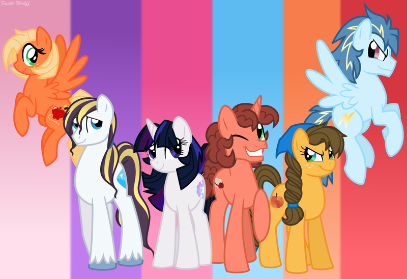 Size: 1211x829 | Tagged: safe, artist:faith-wolff, derpibooru import, oc, oc:applebee, oc:honeycrisp, oc:lightning bolt, oc:stella nova, oc:strawberry marscapone sandwich, oc:topaz, unofficial characters only, earth pony, pegasus, pony, unicorn, bandana, braid, faithverse, next generation, offspring, parent:applejack, parent:big macintosh, parent:caramel, parent:cheese sandwich, parent:flash sentry, parent:fluttershy, parent:pinkie pie, parent:prince blueblood, parent:rainbow dash, parent:rarity, parent:soarin', parent:twilight sparkle, parents:carajack, parents:cheesepie, parents:flashlight, parents:fluttermac, parents:rariblood, parents:soarindash, simple background