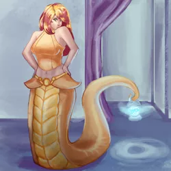 Size: 3000x3000 | Tagged: artist:checkerboardazn, belly button, breasts, derpibooru import, human coloration, lamia, lamiafied, midriff, monster girl, original species, pixiv, solo, species swap, suggestive, sunset shimmer, sunset slither