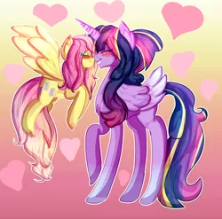 Size: 2160x2130 | Tagged: safe, artist:karsismf97, derpibooru import, fluttershy, twilight sparkle, twilight sparkle (alicorn), alicorn, pegasus, pony, boop, duo, eyes closed, female, gradient background, height difference, lesbian, mare, older, rainbow power, shipping, size difference, twishy, ultimate twilight