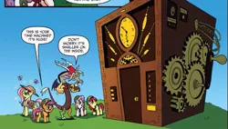 Size: 675x384 | Tagged: safe, artist:brendahickey, derpibooru import, idw, apple bloom, discord, fluttershy, scootaloo, sweetie belle, draconequus, earth pony, pegasus, pony, unicorn, spoiler:comic, spoiler:comic24, bowtie, comic, cropped, cutie mark crusaders, doctor who, female, fez, filly, foal, hat, male, mare, official comic, speech bubble, tardis, time machine