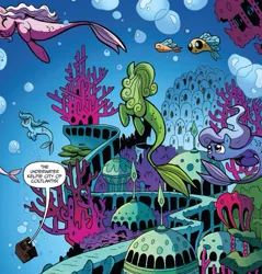 Size: 561x587 | Tagged: apple bloom, artist:brendahickey, city, coltlantis, coral, cutie mark crusaders, derpibooru import, discord, fish, fluttershy, hippocampus, idw, kelpie, merpony, safe, scootaloo, spoiler:comic, spoiler:comic24, sweetie belle, time machine, underwater, underwater city