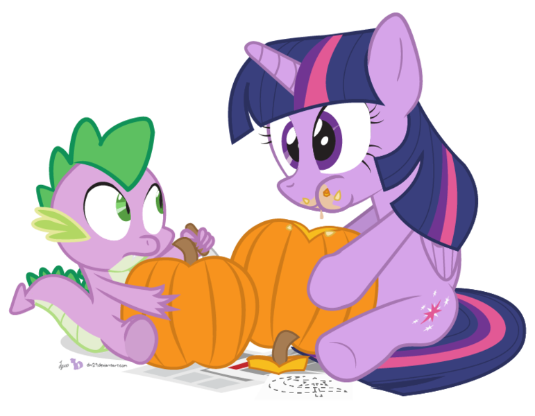 Size: 810x630 | Tagged: safe, artist:dm29, derpibooru import, spike, twilight sparkle, twilight sparkle (alicorn), alicorn, pony, cute, duo, eating, female, halloween, herbivore, holiday, horses doing horse things, mare, messy eating, nom, pumpkin, pumpkin carving, silly, silly pony, simple background, transparent background, twiabetes