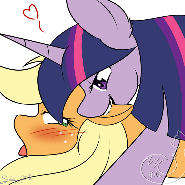 Size: 2000x2000 | Tagged: applejack, artist:silverfox057, derpibooru import, ear bite, female, lesbian, shipping, suggestive, twijack, twilight sparkle