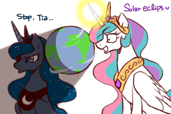 Size: 600x400 | Tagged: safe, artist:kairean, derpibooru import, princess celestia, princess luna, alicorn, pony, alicorn eclipse, catasterism, cute, earth, eclipse, female, frown, glare, grin, light, lunar eclipse, macro, magic, mare, pony bigger than a planet, pouting, shadow, sillestia, silly, simple background, smiling, solar eclipse, sun, sweatdrop, tangible heavenly object, teasing, trollestia, unamused, white background, wide eyes