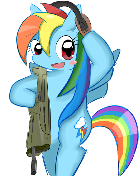 Size: 1582x1981 | Tagged: acr, artist:timorikawa, derpibooru import, gun, headset, magpul, magpul masada, pixiv, rainbow dash, rifle, safe, solo