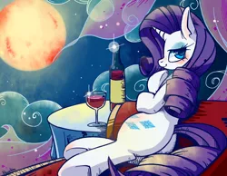 Size: 900x700 | Tagged: safe, artist:renokim, derpibooru import, rarity, pony, unicorn, blood moon, blushing, couch, fainting couch, looking back, moon, on flank, solo, table, wine, wine bottle, wine glass