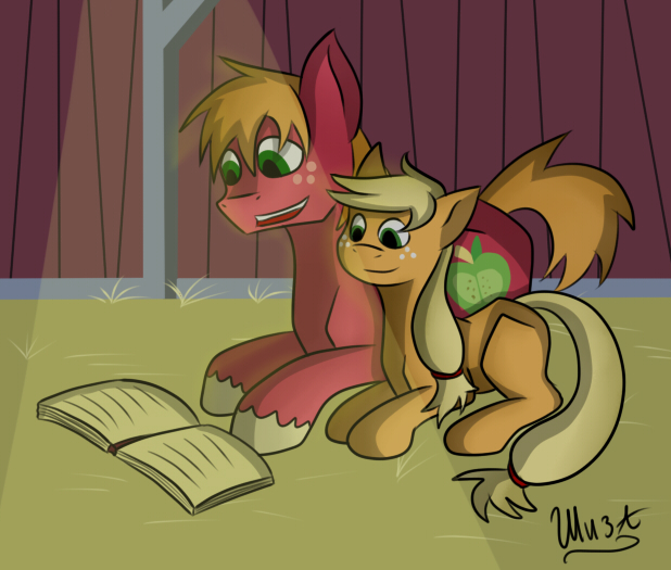 Size: 618x525 | Tagged: safe, artist:shizaluckydevil, derpibooru import, applejack, big macintosh, earth pony, pony, blank flank, book, male, prone, siblings, smiling, stallion, story time, younger