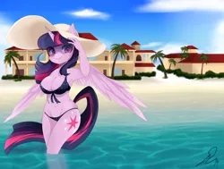 Size: 900x679 | Tagged: anthro, armpits, artist:chokico, beach, bikini, breasts, busty twilight sparkle, cleavage, clothes, cloud, cloudy, derpibooru import, female, hat, nail polish, ocean, palm tree, sky, solo, solo female, suggestive, sunglasses, swimsuit, tree, twilight sparkle, twilight sparkle (alicorn), water