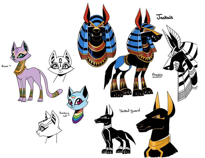 Size: 1280x987 | Tagged: ancient anugypt, anubis, artist:brendahickey, baast, cat, concept art, derpibooru import, egyptian, idw, jackal, king anubis, rainbow cat, safe, simple background, spoiler:comic, spoiler:comic24, white background