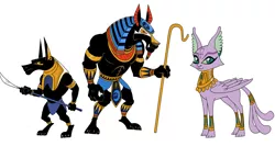 Size: 1280x681 | Tagged: ancient anugypt, ankh, anubis, armor, artist:brendahickey, baast, cat, concept art, crescent moon, derpibooru import, earring, egyptian, eye of horus, female, forked tail, idw, jackal, jewelry, king anubis, male, safe, simple background, spear, sphinx, spoiler:comic, spoiler:comic24, staff, white background, wings