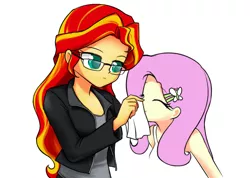 Size: 1080x769 | Tagged: safe, artist:twilite-sparkleplz, derpibooru import, fluttershy, sunset shimmer, equestria girls, clothes, female, glasses, lesbian, nose blowing, shipping, sunshyne, tanktop, tissue