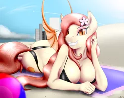 Size: 3400x2673 | Tagged: suggestive, artist:bludraconoid, derpibooru import, oc, oc:peach blossom, unofficial characters only, anthro, bat pony, anthro oc, ass, beach, beach ball, big breasts, bikini, breasts, city, cleavage, clothes, female, flower, flower in hair, long hair, lying down, slit eyes, smiling, solo, swimsuit, towel