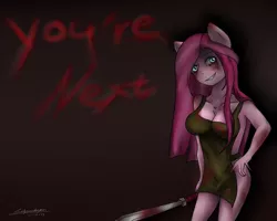 Size: 1024x819 | Tagged: anthro, apron, artist:lovelyseadragon, blood, breasts, clothes, derpibooru import, grimdark, pinkamena diane pie, pinkie pie, solo, suggestive