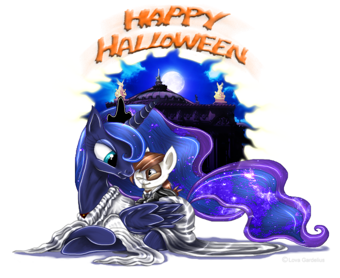 Size: 680x556 | Tagged: artist:lova-gardelius, dead source, derpibooru import, female, halloween, lunapip, male, phantom of the opera, pipsqueak, princess luna, prone, safe, shipping, smiling, straight, wink