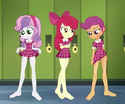 Size: 1684x1408 | Tagged: safe, artist:ohohokapi, deleted from derpibooru, derpibooru import, edit, apple bloom, scootaloo, sweetie belle, equestria girls, barefoot, blushing, clothes, cutie mark crusaders, dress, embarrassed, feet, jailbait, school uniform, schoolgirl, short dress, tomboy taming