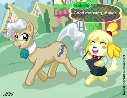Size: 720x553 | Tagged: safe, artist:texasuberalles, derpibooru import, mayor mare, dog, earth pony, pony, animal crossing, animal crossing: new leaf, blush sticker, blushing, clipboard, crossover, duo, eyes closed, female, glasses, isabelle, looking back, mare, mayor, walking