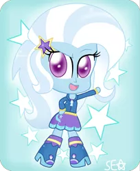 Size: 2556x3130 | Tagged: safe, artist:supererikastar, derpibooru import, trixie, equestria girls, chibi, cute, diatrixes, looking at you, open mouth, raised eyebrow, smiling, solo