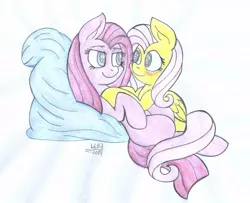 Size: 1024x830 | Tagged: artist:cyanyeh, blushing, cuddling, derpibooru import, female, flutterpie, fluttershy, lesbian, pinkamena diane pie, pinkie pie, safe, shipping, snuggling