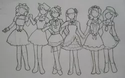 Size: 1822x1137 | Tagged: applejack, artist:punksweet, classic lolita, clothes, derpibooru import, drawing, dress, fluttershy, human, humanized, lolita fashion, mane six, monochrome, pinkie pie, rainbow dash, rarity, safe, sailor lolita, sketch, sweet lolita, traditional art, twilight sparkle