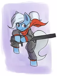 Size: 1149x1527 | Tagged: safe, artist:fauxsquared, derpibooru import, trixie, pony, unicorn, bipedal, clothes, female, hoof hold, mare, ninja, ninjato, scarf, smiling, solo, sword, weapon
