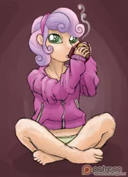 Size: 1000x1379 | Tagged: artist:smudge proof, barefoot, clothes, crossed legs, drinking, feet, green underwear, hoodie, human, humanized, looking at you, panties, patreon, patreon logo, safe, sitting, solo, sweetie belle, underwear