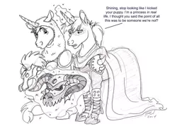 Size: 1024x734 | Tagged: artist:carnivorouscaribou, clothes, derpibooru import, drawing, fantasy class, knight, larp, magic, mask, monochrome, princess cadance, safe, shining armor, sketch, warrior