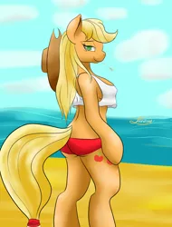 Size: 1900x2500 | Tagged: anthro, applejack, arm hooves, artist:lordzid, ass, beach, breasts, derpibooru import, female, solo, solo female, suggestive