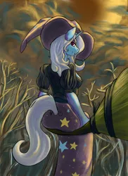 Size: 726x1000 | Tagged: anthro, artist:pseudosharp, broom, clothes, cloud, cloudy, dead tree, derpibooru import, flying, flying broomstick, looking at you, looking back, safe, sitting, skirt, smirk, solo, tree, trixie, witch