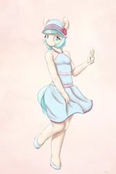 Size: 1480x2200 | Tagged: safe, artist:alasou, deleted from derpibooru, derpibooru import, coco pommel, anthro, earth pony, clothes, cocobetes, cute, dress, female, glass, looking at you, raised leg, simple background, smiling, solo