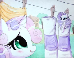 Size: 1147x901 | Tagged: safe, artist:prettypinkpony, derpibooru import, rarity, sweetie belle, pony, unicorn, blushing, clothes, clothes line, micro, rarity is not amused, sheepish grin, shrunk, sisters, socks, traditional art, watercolor painting, wet, wet mane, wet mane rarity