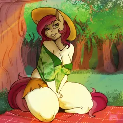 Size: 1000x1000 | Tagged: anthro, artist:arnachy, breasts, cleavage, clothes, derpibooru import, female, forest, hat, off shoulder, outdoors, roseluck, shirt, skirt, solo, solo female, suggestive, thunder thighs