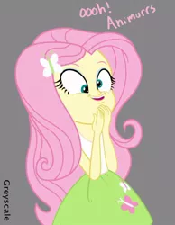 Size: 572x738 | Tagged: safe, artist:greyscaleart, derpibooru import, part of a set, fluttershy, equestria girls, animal, derp, flanderization, part of a series, silly human, solo