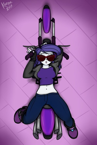 Size: 500x750 | Tagged: safe, artist:killryde, artist:mylittlepornedits, derpibooru import, rarity, equestria girls, belly button, boots, clothes, explicit source, from above, gloves, high angle, midriff, motorcycle, on back, overhead view, solo, sunglasses