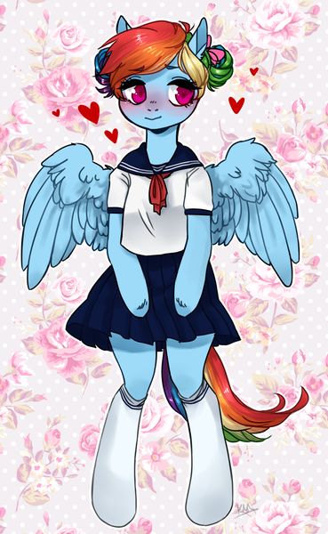 Size: 800x1300 | Tagged: safe, artist:xarakayx, derpibooru import, rainbow dash, semi-anthro, alternate hairstyle, awkwardrainbowdash, clothes, cute, dashabetes, heart, school uniform, short hair, short mane, skirt, socks, solo