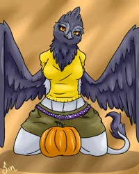 Size: 2000x2500 | Tagged: suggestive, artist:poisindoodles, derpibooru import, giselle, irma, anthro, gryphon, breasts, explicit source, female, pumpkin, solo, solo female