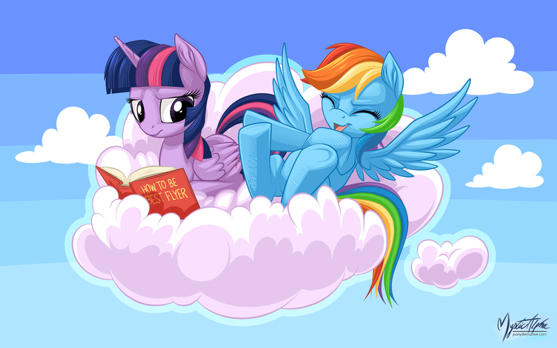 Size: 2560x1600 | Tagged: safe, artist:mysticalpha, derpibooru import, rainbow dash, twilight sparkle, twilight sparkle (alicorn), alicorn, pony, book, cloud, cloudy, female, friendship, laughing, lesbian, mare, shipping, twidash, twilight is not amused, unamused, underhoof, wallpaper