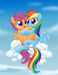 Size: 3190x4100 | Tagged: safe, artist:lordyanyu, derpibooru import, rainbow dash, scootaloo, pegasus, pony, best sisters, carrying, cloud, cute, cutealoo, dashabetes, duo, female, filly, folded wings, happy, hug, mare, open mouth, puffy cheeks, scootalove, sisters, sky, smiling, spread wings, underhoof
