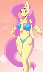 Size: 550x911 | Tagged: adorasexy, anthro, artist:mastergodai, belly button, big breasts, bikini, blushing, breasts, busty fluttershy, cleavage, clothes, cute, derpibooru import, female, fluttershy, looking at you, sexy, simple background, solo, solo female, suggestive, swimsuit