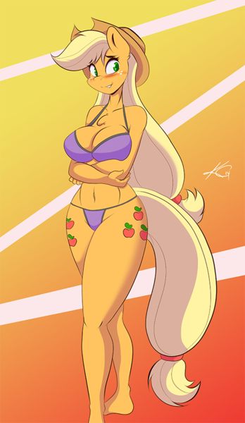 Size: 550x949 | Tagged: anthro, applejack, artist:mastergodai, belly button, bikini, breasts, busty applejack, chest fluff, clothes, derpibooru import, female, gradient background, hat, solo, suggestive, swimsuit