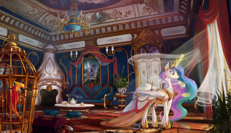 Size: 5255x3026 | Tagged: safe, artist:devinian, derpibooru import, philomena, princess celestia, princess luna, rainbow dash, twilight sparkle, twilight sparkle (alicorn), alicorn, pegasus, pony, absurd resolution, baroque, beautiful, bird cage, cage, cake, chandelier, chest, clothes, color porn, couch, crepuscular rays, cushion, detailed, dress, duo, dust motes, female, fireplace, fishnets, glorious, indoors, interior, jewelry, levitation, light, luxury, magic, mare, new crown, painting, palace, photoshop, scenery, scenery porn, smiling, socks, tea, teacup, teapot, technical advanced, telekinesis, wallpaper, window