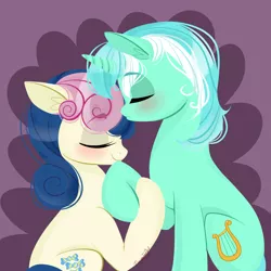 Size: 1000x1000 | Tagged: safe, artist:dragonfoxgirl, derpibooru import, bon bon, lyra heartstrings, sweetie drops, earth pony, pony, unicorn, abstract background, eyes closed, female, holding hooves, lesbian, lyrabon, shipping, smiling