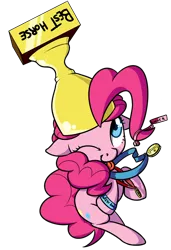 Size: 762x1114 | Tagged: dead source, safe, artist:mostazathy, derpibooru import, pinkie pie, :p, best pony, cute, diapinkes, floppy ears, medal, one eye closed, simple background, solo, tongue out, transparent background, trophy
