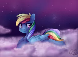 Size: 1024x748 | Tagged: artist:rflzqt, cloud, cloudy, dark, derpibooru import, folded wings, looking at you, lying down, night, prone, rainbow dash, safe, shiny, smiling, solo, sploot, stars
