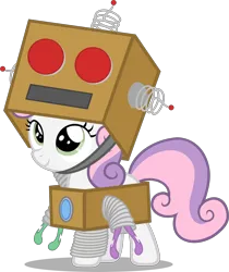 Size: 2208x2627 | Tagged: safe, artist:zacatron94, derpibooru import, sweetie belle, pony, robot, robot pony, unicorn, box, clothes, costume, cute, diasweetes, female, filly, foal, halloween, halloween costume, holiday, hooves, horn, nightmare night, nightmare night costume, simple background, smiling, solo, sweetie bot, transparent background, vector