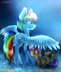 Size: 509x600 | Tagged: artist:onikashi, black eye, blood, bruised, crying, derpibooru import, frown, injured, prone, rain, rainbow dash, scootaloo, semi-grimdark, spread wings, wet, wet mane