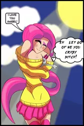 Size: 640x960 | Tagged: angel bunny, angelshy, arm boob squeeze, arm under breasts, artist:epicamiture2099, boob smothering, breasts, busty fluttershy, clothes, derpibooru import, female, fluttershy, human, humanized, off shoulder, shipping, skirt, solo, straight, suggestive, sweater, sweatershy, vulgar