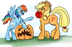 Size: 1515x1004 | Tagged: apple, applejack, artist:chromaflow, carving, derpibooru import, halloween, holiday, jack-o-lantern, pumpkin, pumpkin carving, rainbow dash, safe