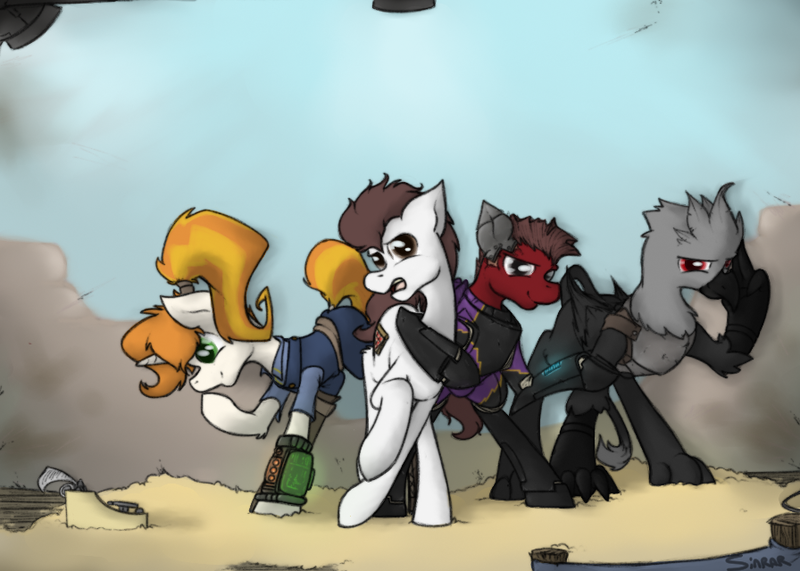 Size: 896x640 | Tagged: artist:sinrar, derpibooru import, fallout equestria, fallout equestria: outlaw, oc, oc:deadline, oc:greaser, oc:krieg, oc:mach, safe, unofficial characters only